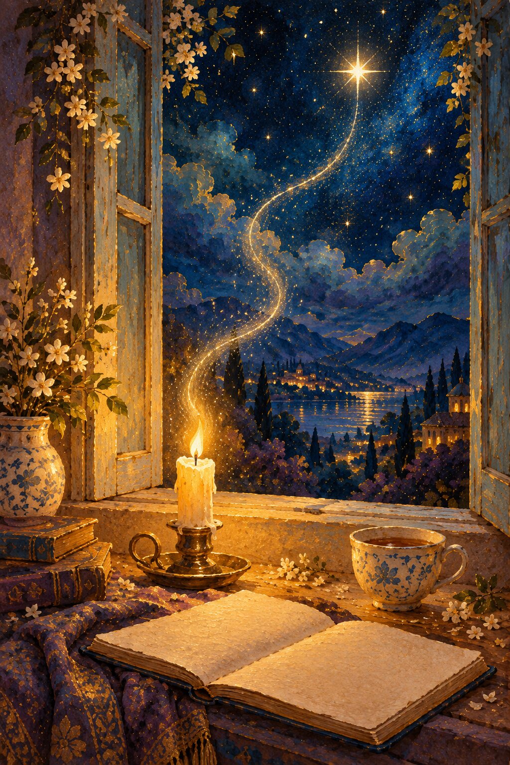 Fenster bei Nacht mit Kerze und Journal