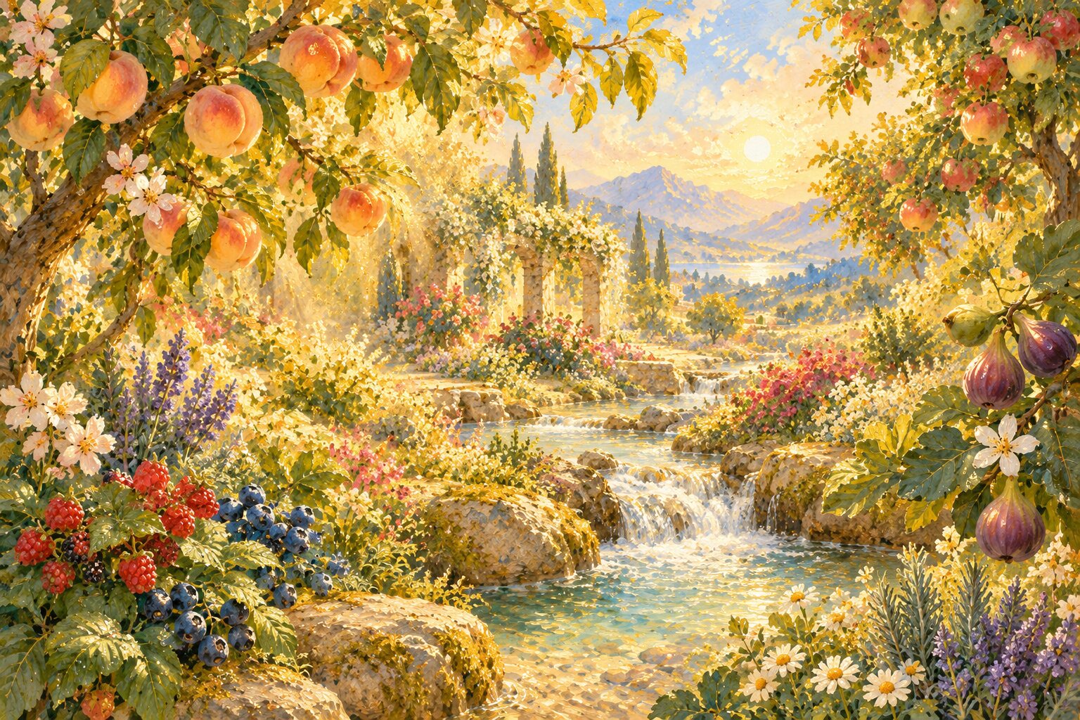 Paradiesgarten mit Früchten und Beeren