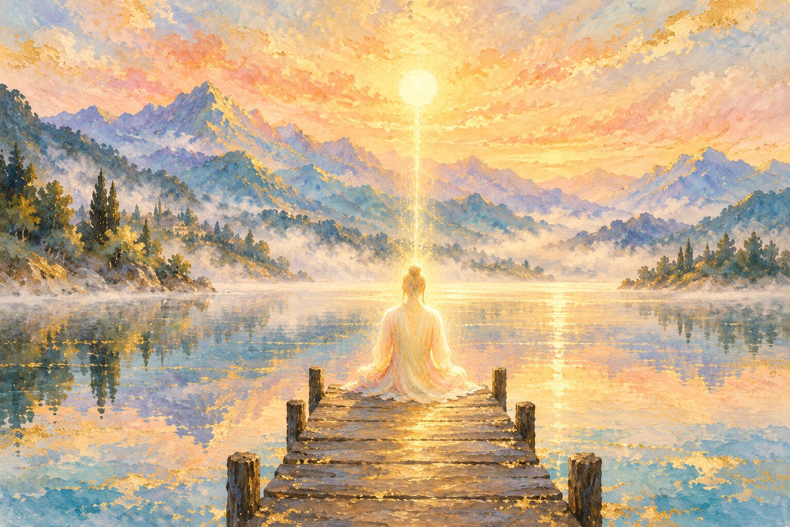 Meditation am Bergsee im Morgenlicht